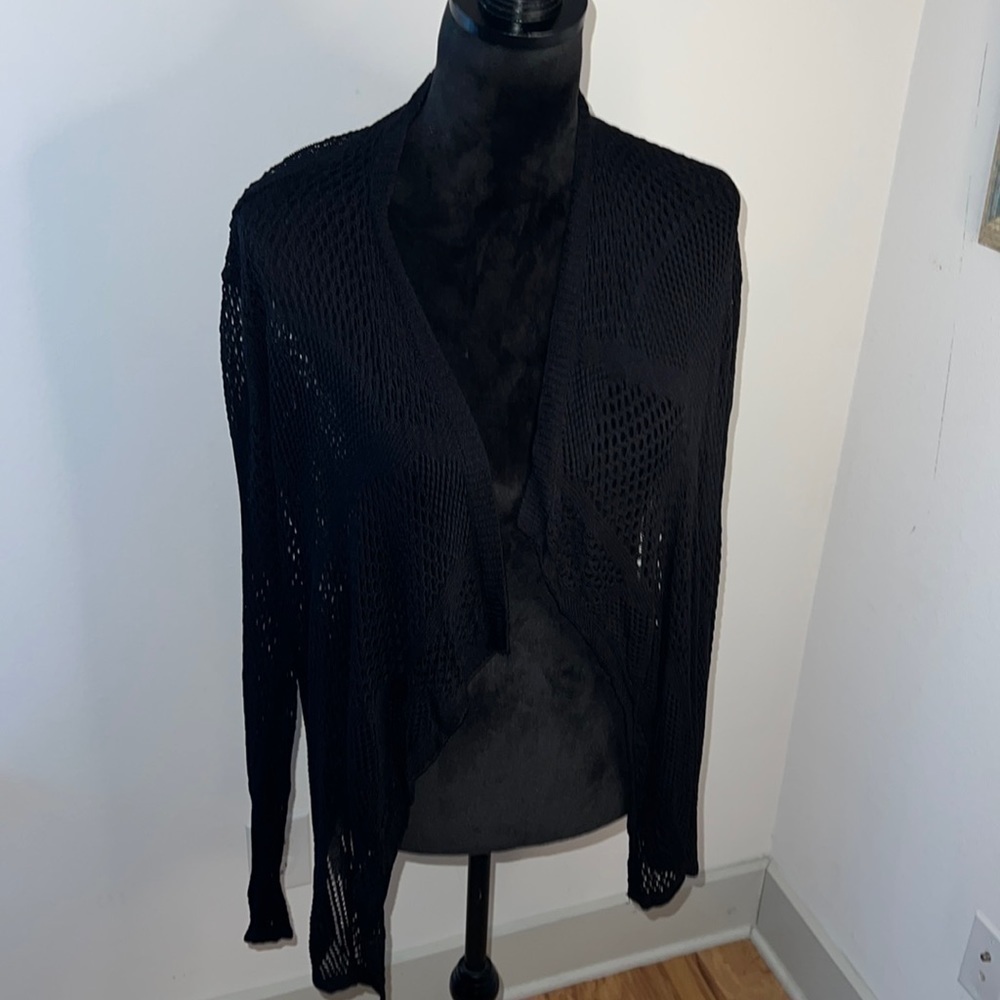 Love Token black pointelle‎ open cardigan draped long sleeves Sz S